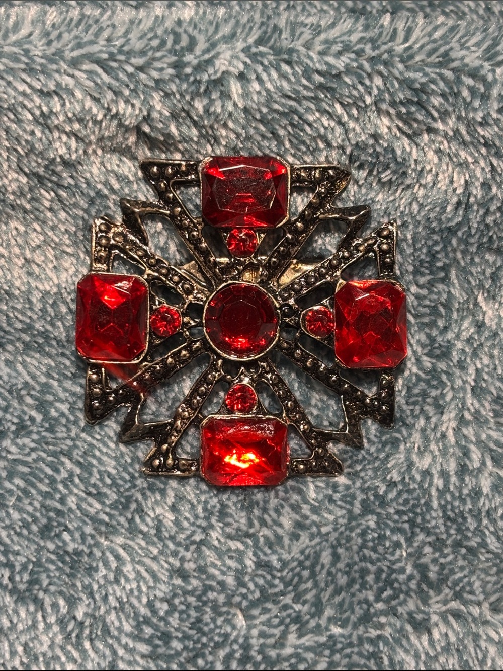 Vintage Maltese Cross Brooch with Red Glass Stones Set in Dark Silver Tone Metal